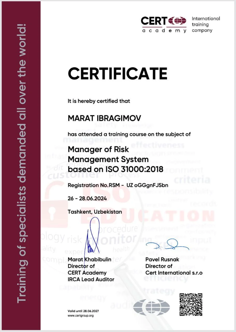Сертификат ISO 31000:2018, Марат Ибрагимов
