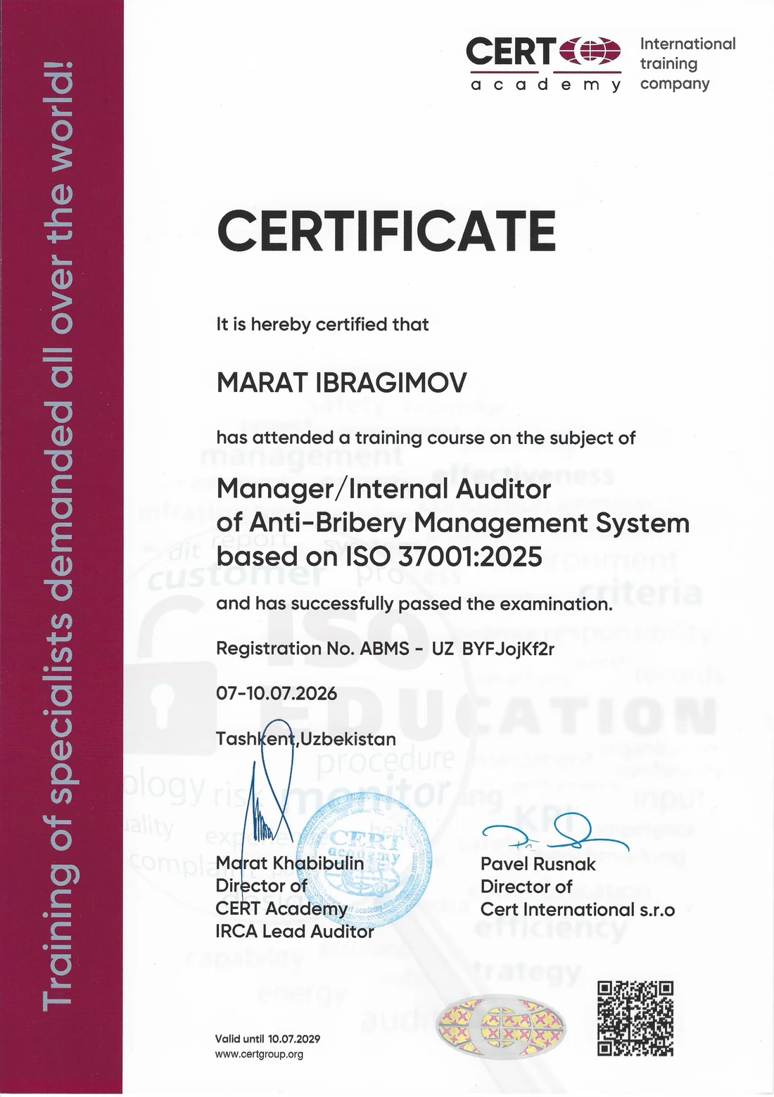 Сертификат ISO 37001:2025, Марат Ибрагимов